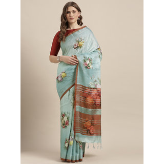 Meia Blue & Orange Linen Blend Printed Saree Meia Blue & Orange Linen Blend Printed Saree