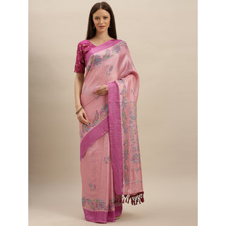                       Meia Pink Jute Silk Printed Ikat Saree                                              