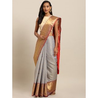                       Meia Grey & Gold-Toned Silk Blend Woven Design Kanjeevaram Saree                                              