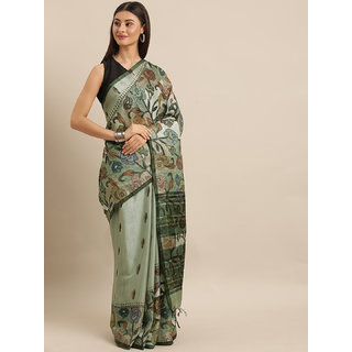                       Meia Green & Black Linen Blend Digital kalamkari Printed Saree                                              