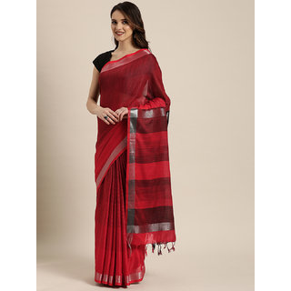                       Meia Red & Black Linen Blend Striped Saree                                              