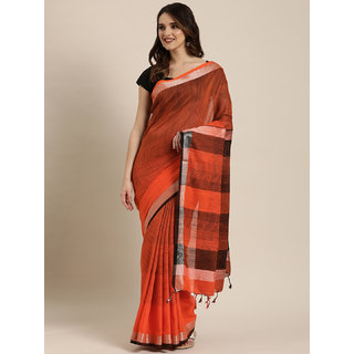                       Meia Orange & Black Linen Blend Striped Saree                                              
