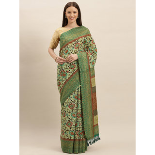                       Meia Green Silk Blend Printed Ikat Saree                                              
