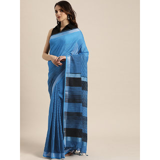                       Meia Blue & Black Linen Blend Striped Saree                                              