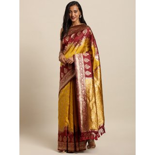                       Meia Mustard Yellow & Maroon Silk Blend Woven Design Banarasi Saree                                              