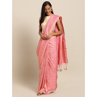                       Meia Pink Silk Blend Woven Design Baluchari Saree                                              