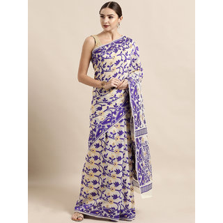                       Meia Cream-Coloured & Purple Silk Cotton Woven Design Jamdani Saree                                              