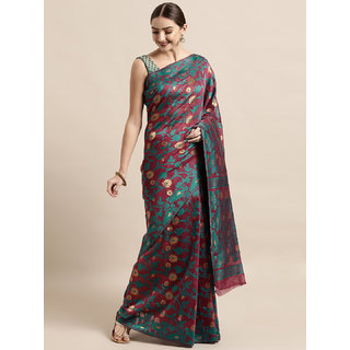                       Meia Burgundy & Green Silk Cotton Woven Design Jamdani Saree                                              