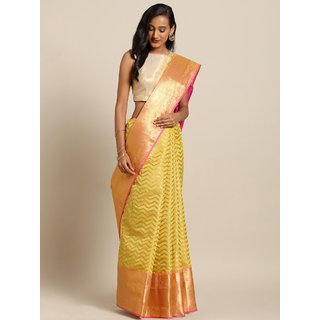                       Meia Yellow & Gold-Toned Silk Blend Woven Design Kanjeevaram Saree                                              