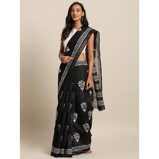                       Meia Black & White Cotton Blend Printed Dabu Saree                                              