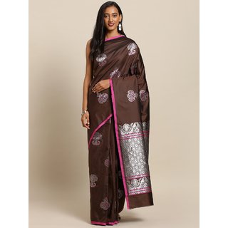                       Meia Coffee Brown & Silver-Coloured Silk Blend Woven Design Kanjeevaram Saree                                              