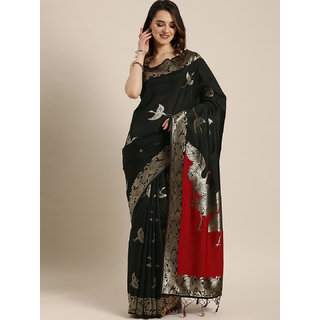                       Meia Black & Gold-Toned Silk Blend Woven Design Banarasi Saree                                              
