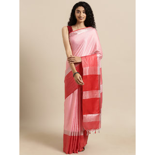                       Meia Pink & Red Linen Blend Solid Saree                                              