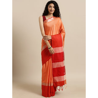                       Meia Orange Linen Blend Solid Saree                                              