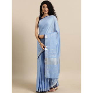                       Meia Blue Solid Linen Blend Saree                                              