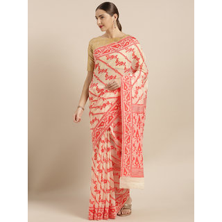                       Meia Beige & Red Silk Cotton Woven Design Jamdani Saree                                              