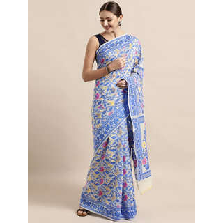                       Meia Beige & Blue Silk Cotton Woven Design Jamdani Saree                                              