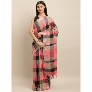                       Meia Coral Pink & Coffee Brown Linen Blend Checked Saree                                              