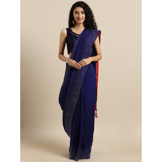                       Meia Navy Blue Solid Poly Silk Saree With Embellished Border                                              