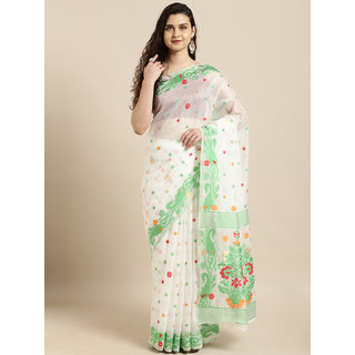                       Meia White & Green Silk Cotton Woven Design Jamdani Saree                                              