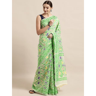                       Meia Cream-Coloured & Green Silk Cotton Woven Design Jamdani Saree                                              