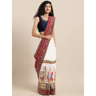 Meia White & Pink Pure Georgette Embroidered Bandhani Saree Meia White & Pink Pure Georgette Embroidered Bandhani Saree