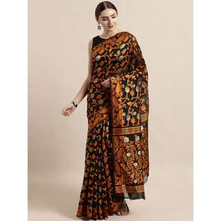                       Meia Black & Orange Silk Cotton Woven Design Jamdani Saree                                              