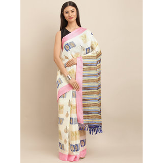                       Meia Off-White & Pink Jute Silk Printed Saree                                              