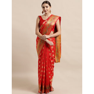                       Meia Red & Gold-Toned Silk Blend Woven Design Banarasi Saree                                              