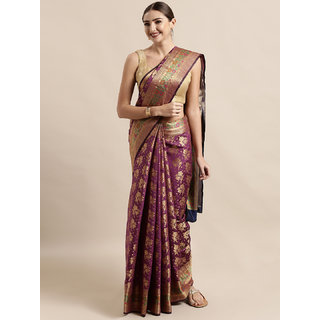                       Meia Burgundy Silk Blend Woven Design Banarasi Saree                                              
