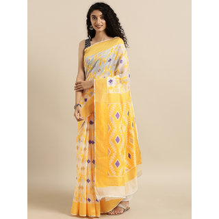                       Meia White & Yellow Silk Cotton Woven Design Jamdani Saree                                              
