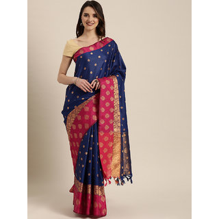                       Meia Navy Blue & Pink Silk Blend Woven Design Kanjeevaram Saree                                              