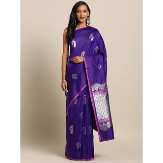 Meia Navy Blue & Silver-Toned Silk Blend Woven Design Kanjeevaram Saree