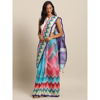                       Meia Turquoise Blue & Pink Linen Blend Dyed Ikat Saree                                              