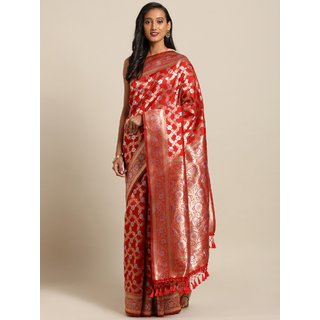 Meia Red & Golden Silk Blend Woven Design Banarasi Saree Meia Red & Golden Silk Blend Woven Design Banarasi Saree