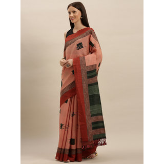                       Meia Peach-Coloured & Green Silk Blend Printed Ikat Saree                                              