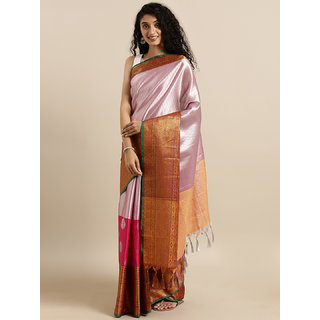                       Meia Silver-Toned & Pink Silk Blend Colourblocked Kanjeevaram Kora Muslin Saree                                              