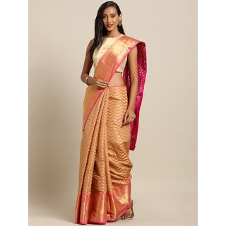                       Meia Peach-Coloured & Gold-Toned Silk Blend Woven Design Kanjeevaram Saree                                              