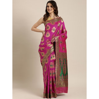 Meia Pink & Gold-Toned Silk Blend Woven Design Banarasi Saree