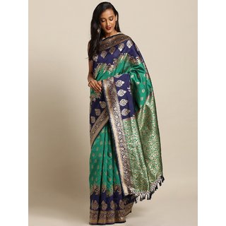                       Meia Green & Navy Blue Silk Blend Woven Design Banarasi Saree                                              