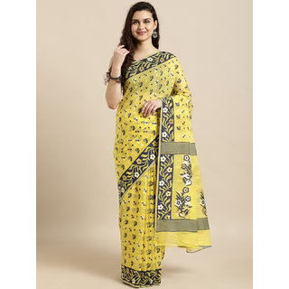                       Meia Yellow & Navy Blue Silk Cotton Woven Design Jamdani Saree                                              