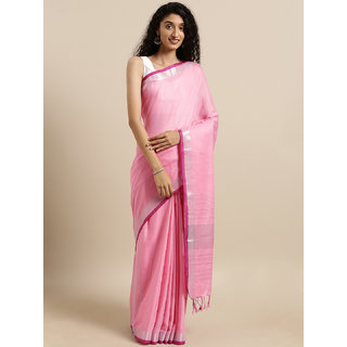                       Meia Pink Solid Linen Blend Saree                                              