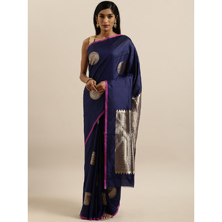 Meia Navy Blue & Gold-Toned Silk Blend Printed Banarasi Saree Meia Navy Blue & Gold-Toned Silk Blend Printed Banarasi Saree
