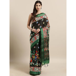                       Meia Black & Green Linen Blend kalamkari Printed Saree                                              
