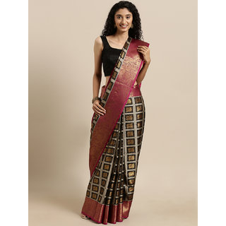                      Meia Black & Gold-Toned Tissue Woven Design Checked Kanjeevaram Kora Muslin Saree                                              