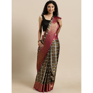 Meia Black & Gold-Toned Tissue Woven Design Checked Kanjeevaram Kora Muslin Saree Meia Black & Gold-Toned Tissue Woven Design Checked Kanjeevaram Kora Muslin Saree