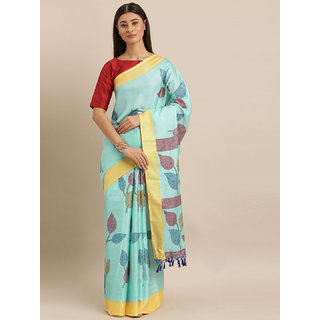 Meia Turquoise Blue & Yellow Jute Silk Printed Saree Meia Turquoise Blue & Yellow Jute Silk Printed Saree