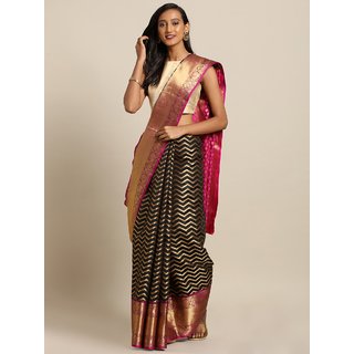                       Meia Black & Gold-Toned Silk Blend Woven Design Kanjeevaram Saree                                              