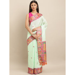 Meia Green & Pink Jute Silk Printed Paithani Saree Meia Green & Pink Jute Silk Printed Paithani Saree