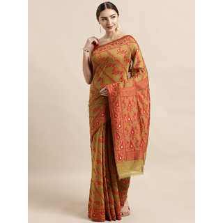                       Meia Olive Green & Red Silk Cotton Woven Design Jamdani Saree                                              